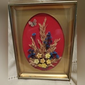 Vintage Dried Flower Arrangement Gold Framed Wall Art Butterfly